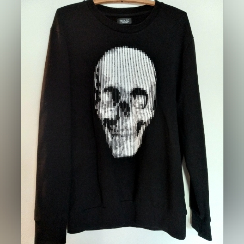 ZARA MAN Goth Punk Black Embellished Skull Sweater Size XL Made In India